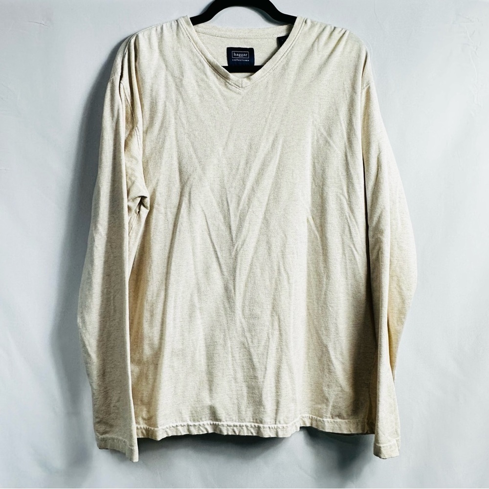 Haggar Collections Men’s Sz Large V-Neck Long Sleeve Casual Shirt Oatmeal/Cream